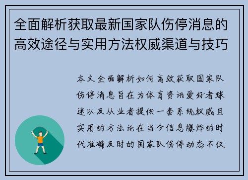 全面解析获取最新国家队伤停消息的高效途径与实用方法权威渠道与技巧 全面解析获取最新国家队伤停消息的高效途径与实用方法权威渠道与技巧